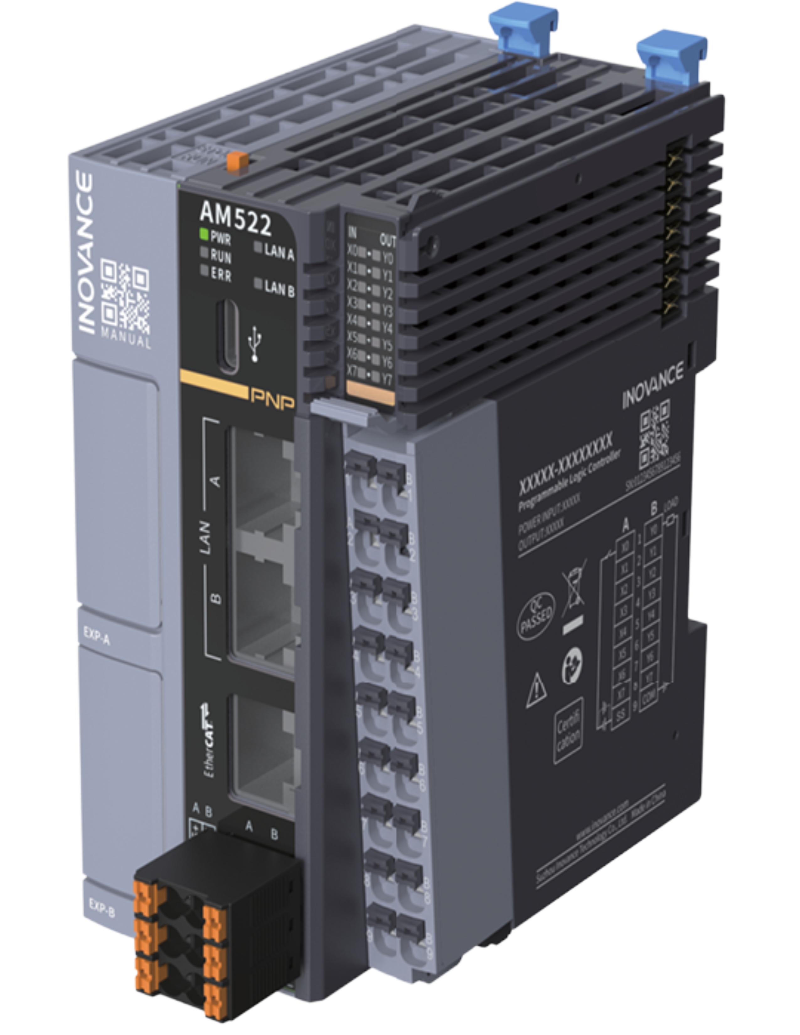 AM500 PLC with Codesys. Grey,  EtherCAT master 16 axis motion.,Digital I/O 8in/8out PNP/PNP, EtherNET/IP Modbus TCP, RS485. USB-C PC connectivity. Addition expansion with GE20 and GL20 modules. (01441226)