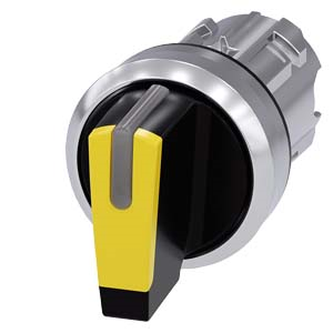 Selector switch, illuminable, 22 mm, round, metal, shiny, yellow, selector switch, short, 3 switch positions I-O-II, latching, actuating angle 2x45°, 10:30h/12h/13:30h