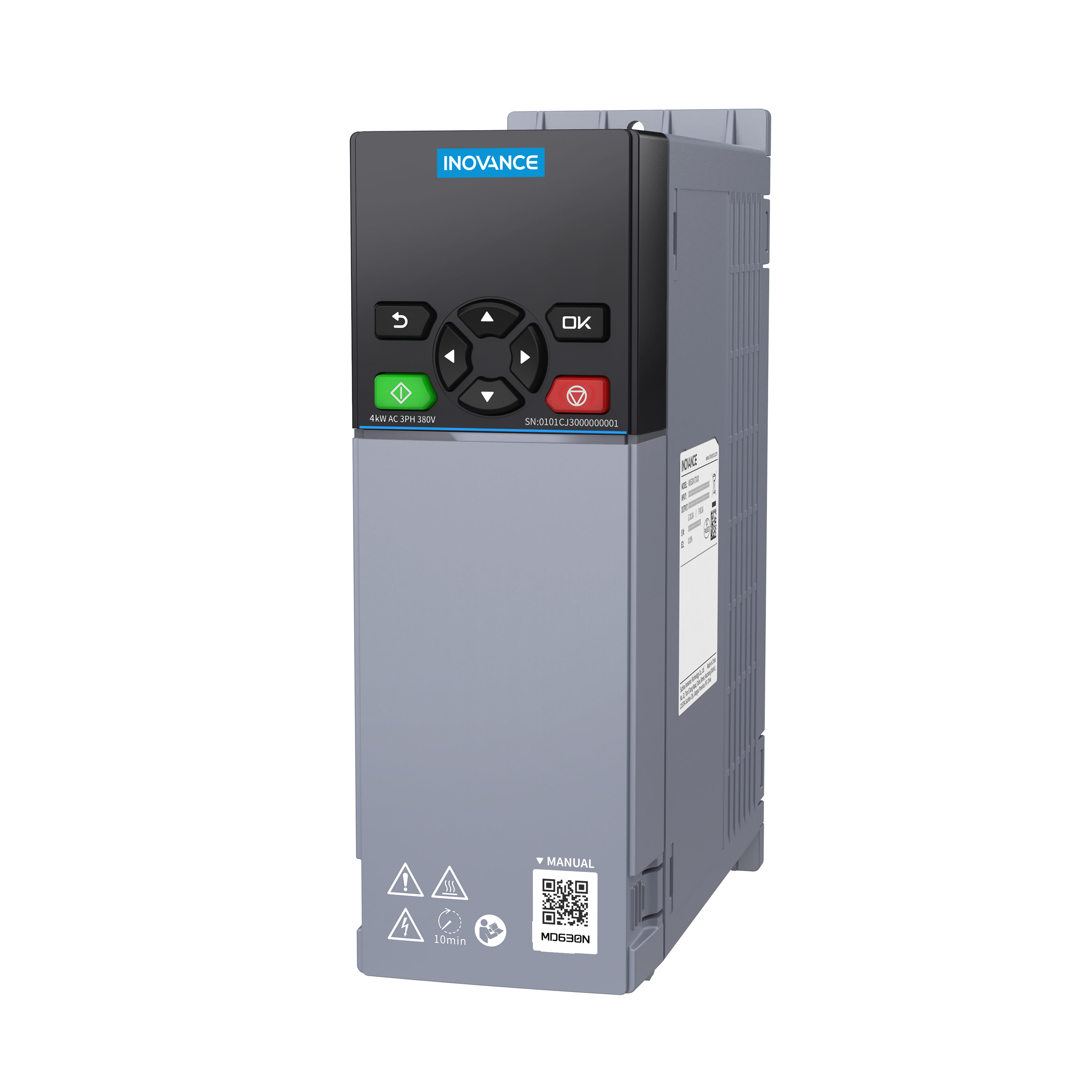 MD630 AC inverter. Network Type, 400V. ND 9.0A/3.7Kw. HD: 7.2A/3.0KW. IP20. C3 Filter built-in. STO. Dims; H217 x W75 x D169.5