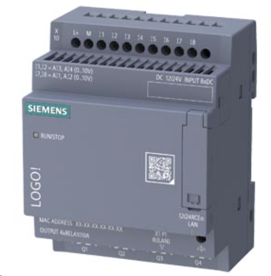 LOGO! 12/24RCEO, logic module, power supply / I/O: 12/24 V DC/relay, 8 DI (4 AI)/4 DO, without display, memory 800 blocks, modularly expandable, Ethernet, integrated web server, data log, user-defined web pages, standard microSD card for LOGO! Soft Comfo