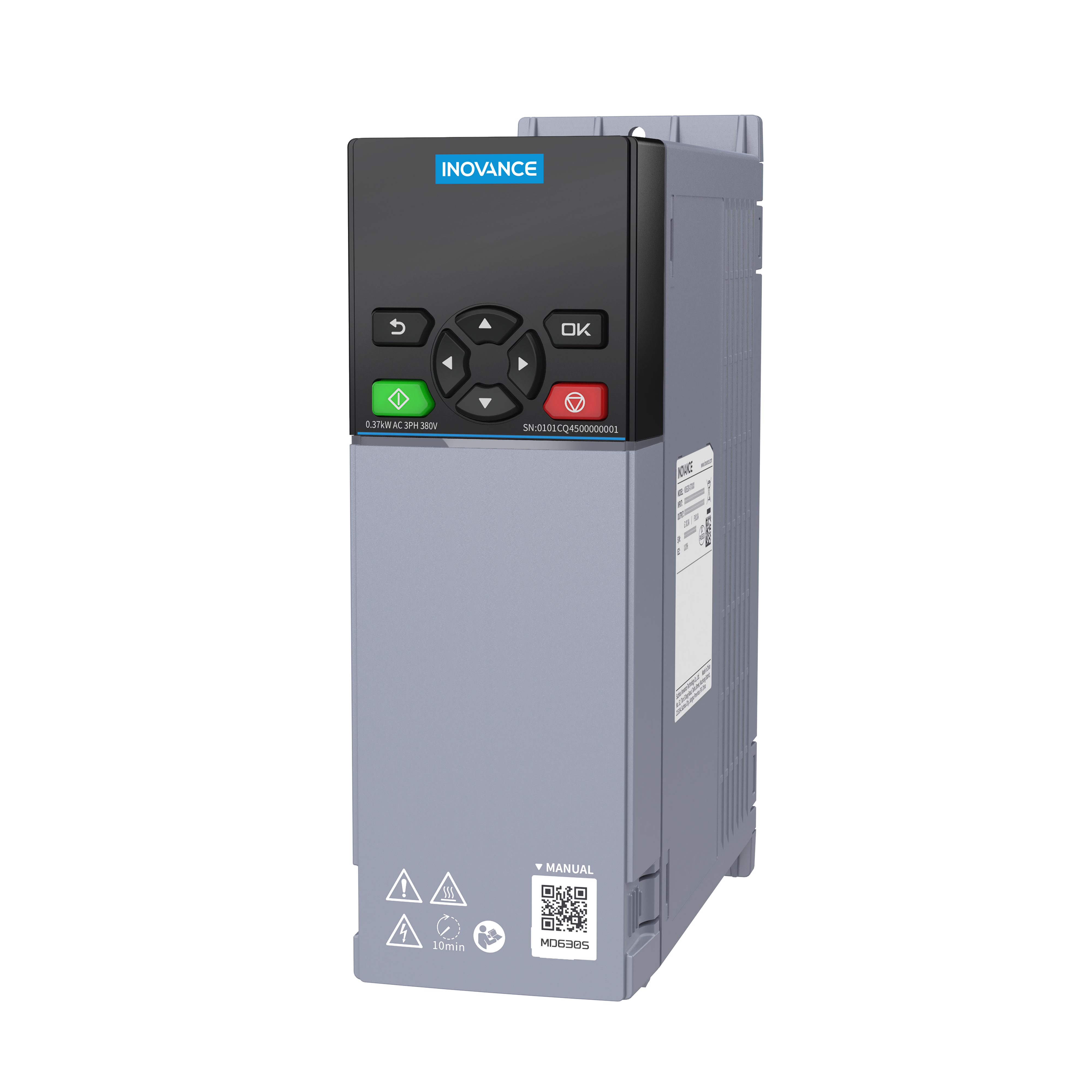 MD630 AC inverter.3ph 400V. HD: 2.1A/0.75Kw, ND 3.8A/1.5Kw.IP20. C3 Filter built-in. STO. Dims: W70 x H217 x D169.6