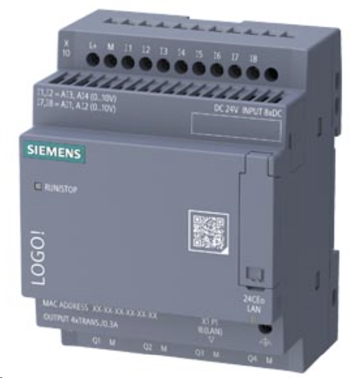 LOGO! 24CEo, logic module, without display, power supply / I/O: 24 V/24 V/24 V trans., 8 DI (4 AI)/4 DO, memory 800 blocks, modularly expandable, Ethernet, integrated web server, data log, user-defined web pages, standard microSD card for LOGO! Soft Comf