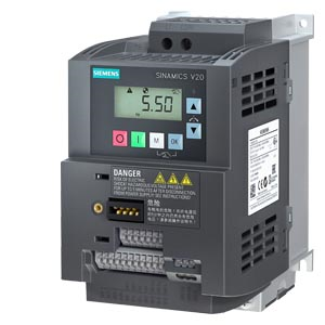 SINAMICS V20 1 AC 200-240 V 6A output current.  Rated power 1.1 kW with 150% OL for 60 sec. built in filter I/O interface: 4 DI. 2 DQ. Fieldbus: USS/Modbus RTU with built-in BOP prot: IP20/ UL open Size: Size AC 160x90x147(HxWxD)