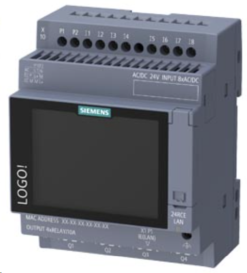 LOGO! 24RCE, logic module,display power supply / I/O: 24 V AC/DC 24 V/relay, 8 DI/4 DO, memory 800 blocks, modularly expandable, Ethernet, integrated web server, data log, user-defined web pages, standard microSD card for LOGO! Soft Comfort V9.0 or highe