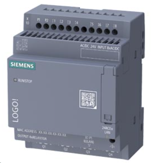 LOGO! 24RCEO (AC), logic module, power supply / I/O: DC 24 V DC/24 V AC/relay, 8 DI/4 DO, without display, memory 800 blocks, modularly expandable, Ethernet, integrated web server, data log, user-defined web pages, standard microSD card for LOGO! Soft Co