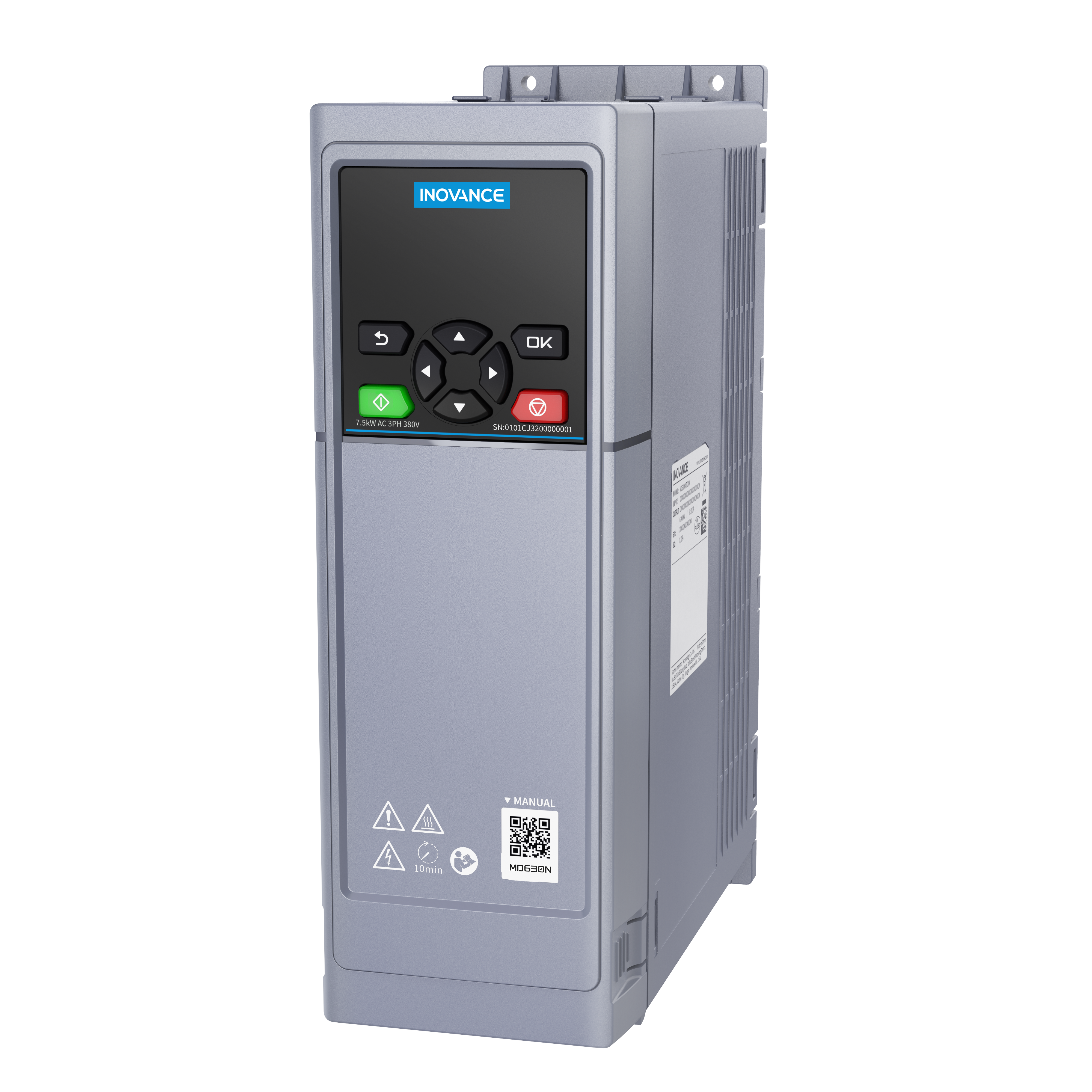 MD630 AC inverter. 3Ph 400V. Network type, HD:17.0A/7.5Kw.  ND 25.0A/11.0Kw. IP20. C3 Filter built-in. STO. Dims: W90 x H262 x D190